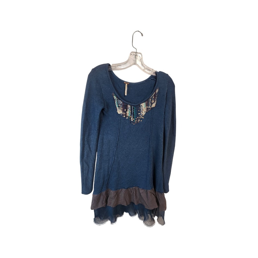 Free People Women's Tunic Dress‎ Blue Embellished Long Sleeve Size Sm/p